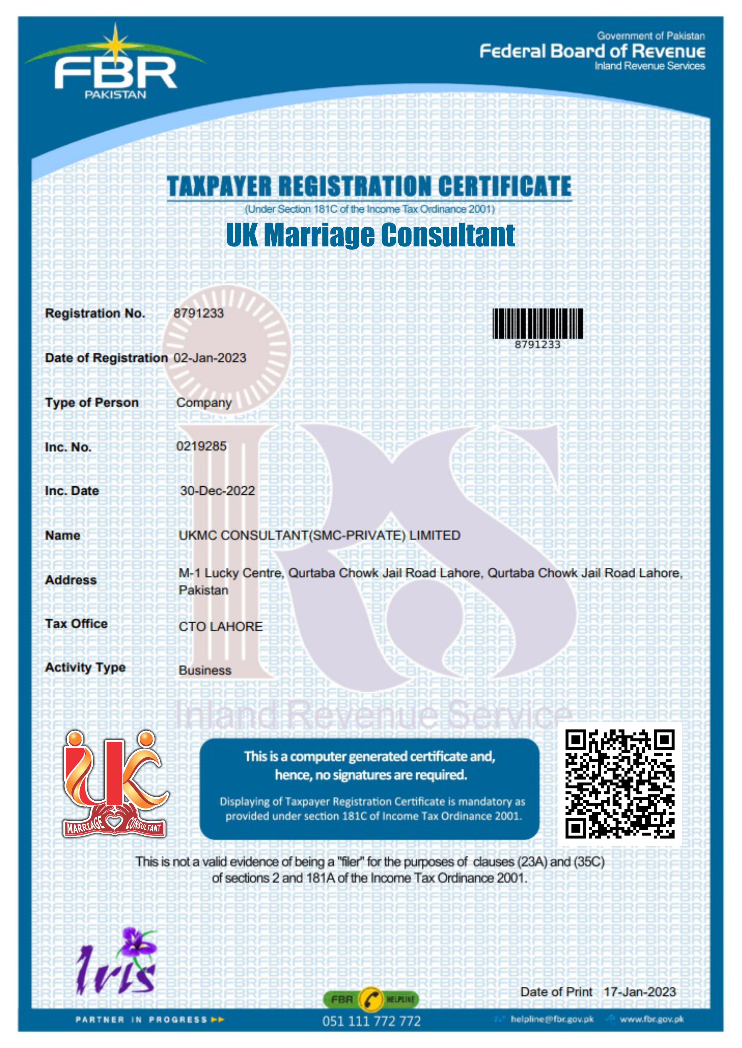 FBR Certificate of UK Marriage Bureau
