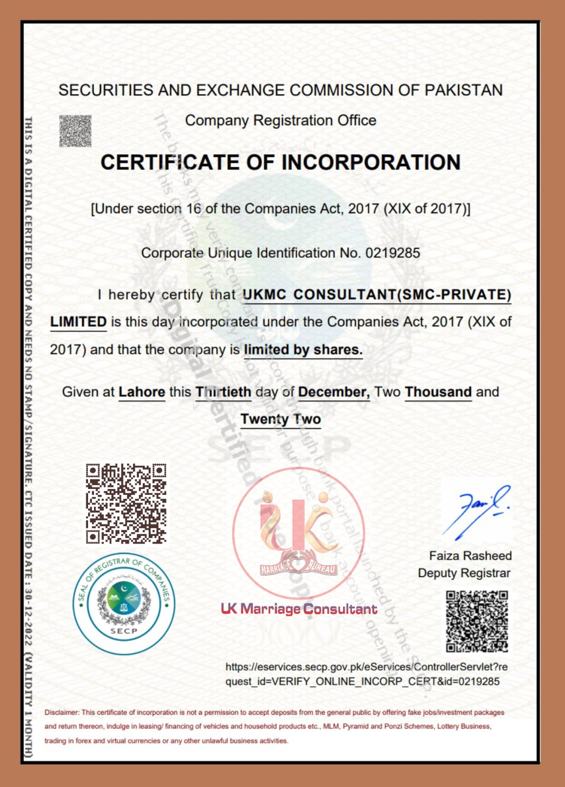 SECP Certificate of UK Marriage Bureau
